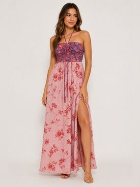 Badgley Mischka red and Blue Floral Strapless Maxi Dress